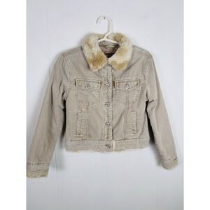 SQUEEZE Girls Y2K Fur‎ Collar Corduroy Jacket Size M (7/8 ) Girls Tan